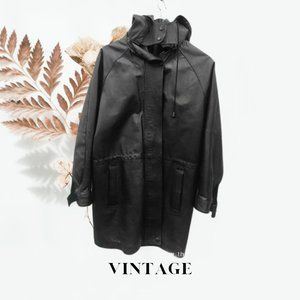 Vintage PHASE 2 100% Black Leather Removable Hood Coat Jacket Women's M